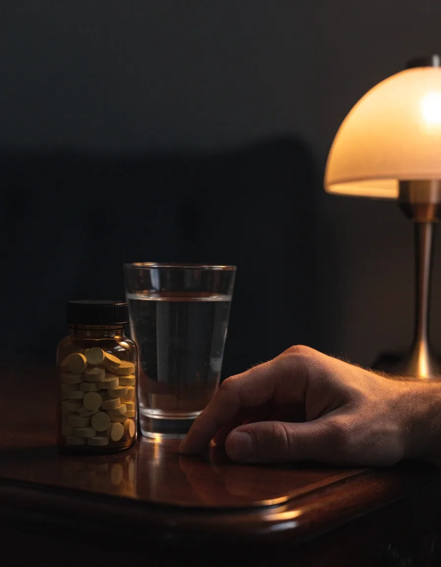Ciemny stół do czytania w nocy, tablet i szklanka wody w świetle jednej lampy